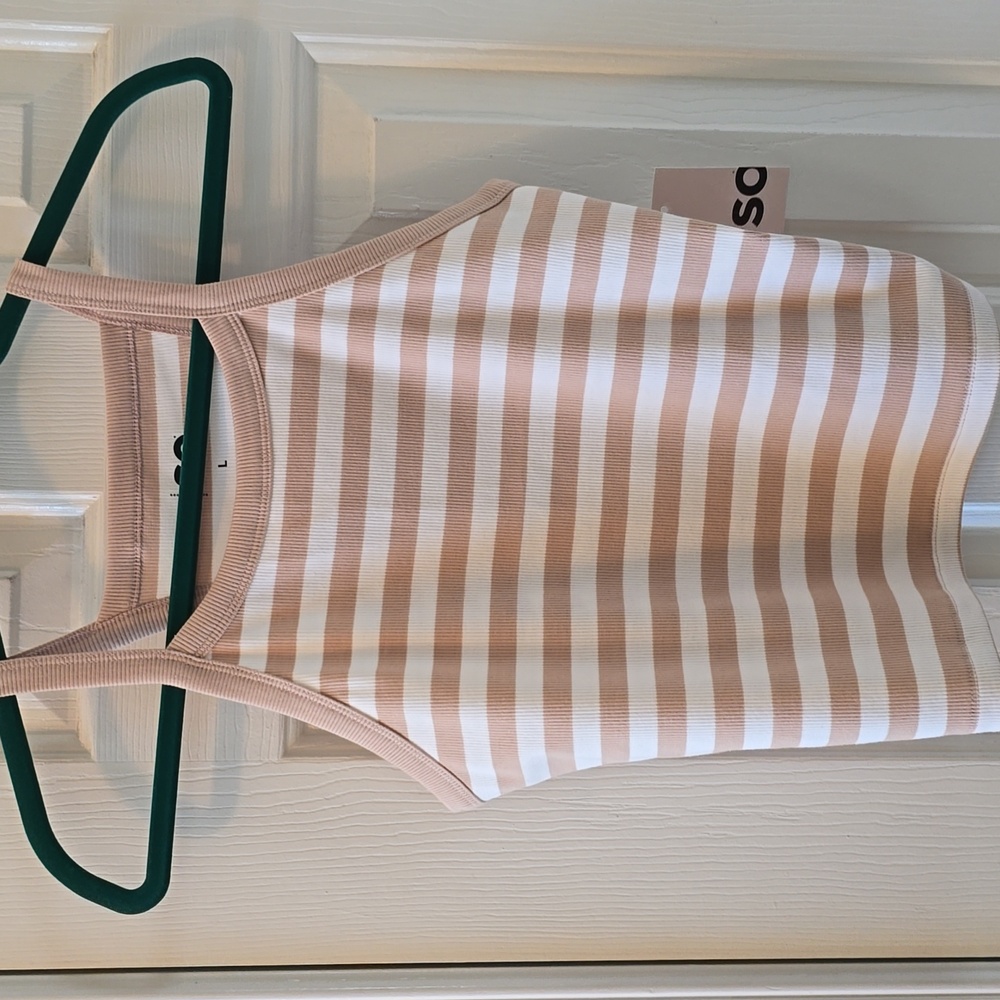SO BRAND WOMENS JUNIOR SIZE TAN AND WHITE STRIPES TANK TOP SIZE LARGE